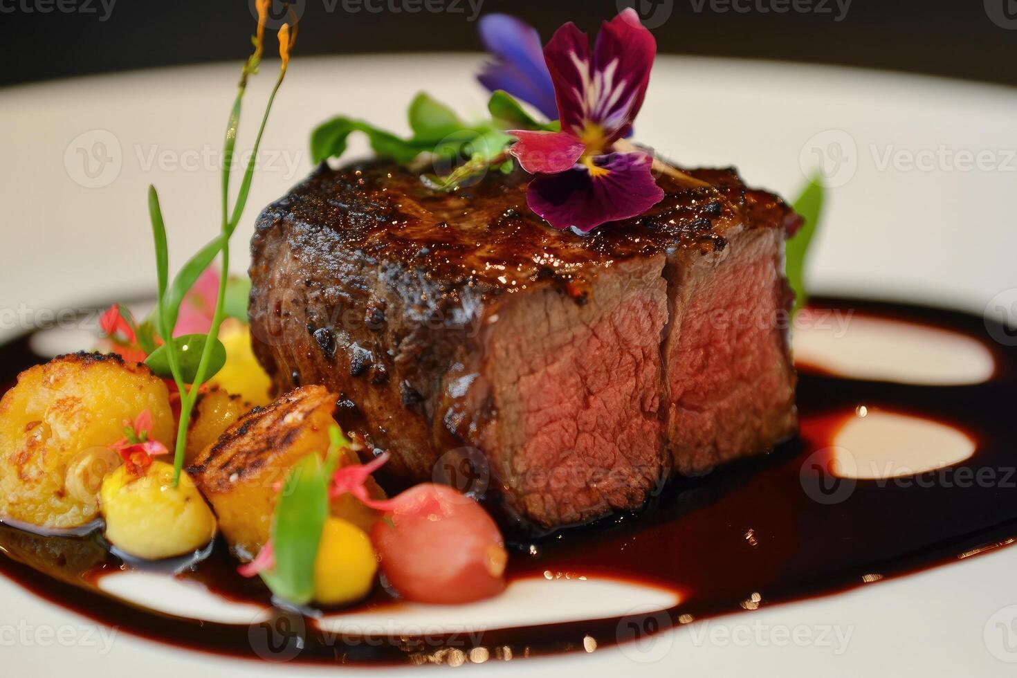 Gourmet Seared Steak Dish with Potatoes and Garnish photo
