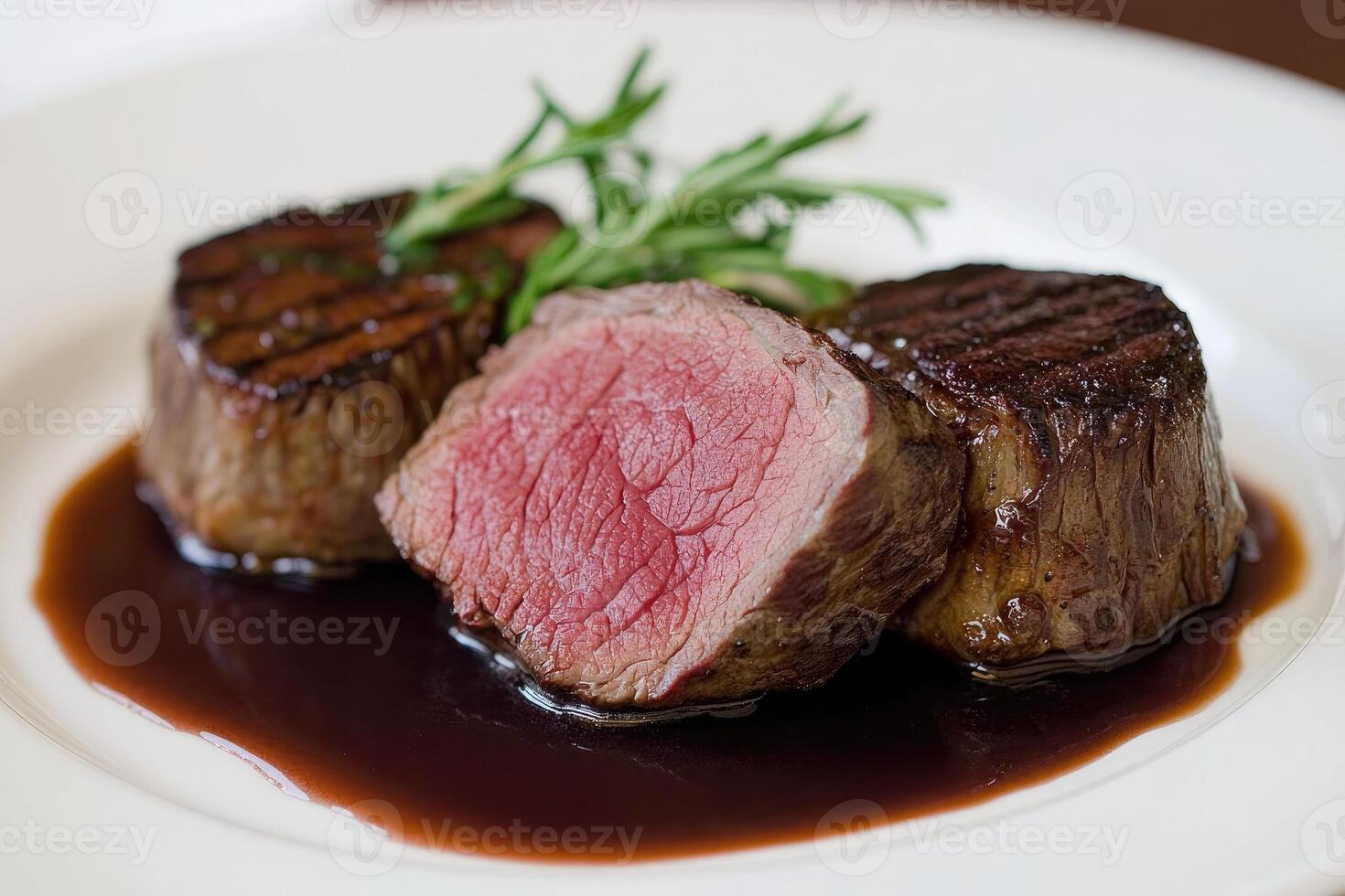 A plate of steak with gravy and herbs photo