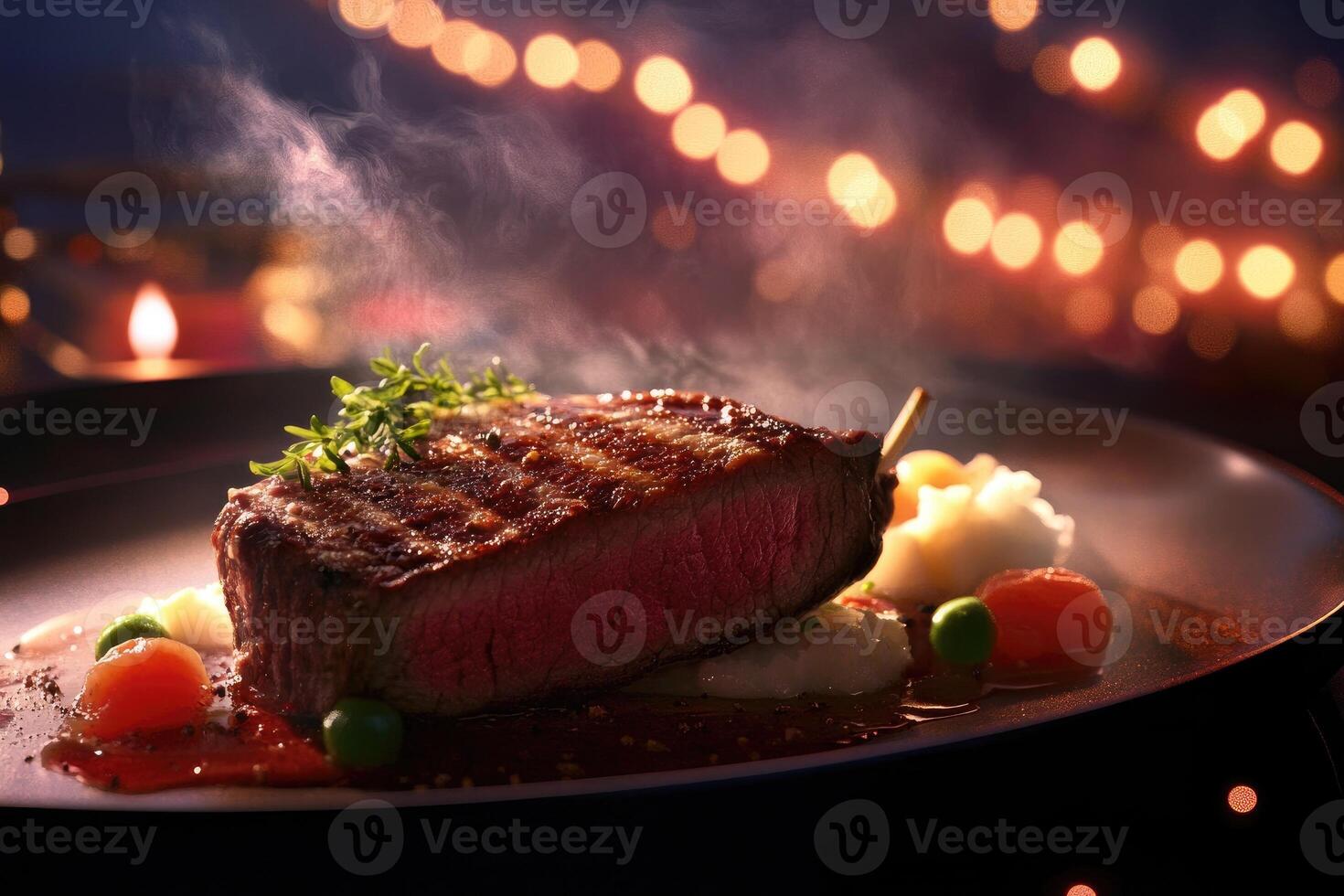 Delicious Grilled Steak Dinner Served With Mashed Potatoes And Vegetables photo