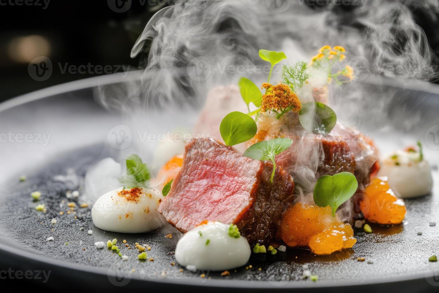 Gourmet Seared Lamb Dish with Smoked Garnish photo