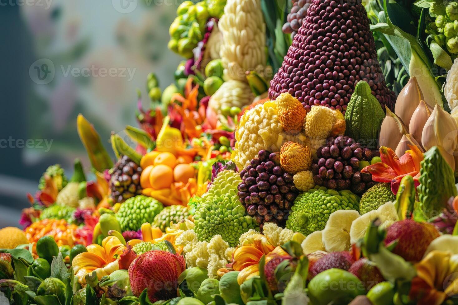 Vibrant Colorful Fruit And Flower Arrangement photo