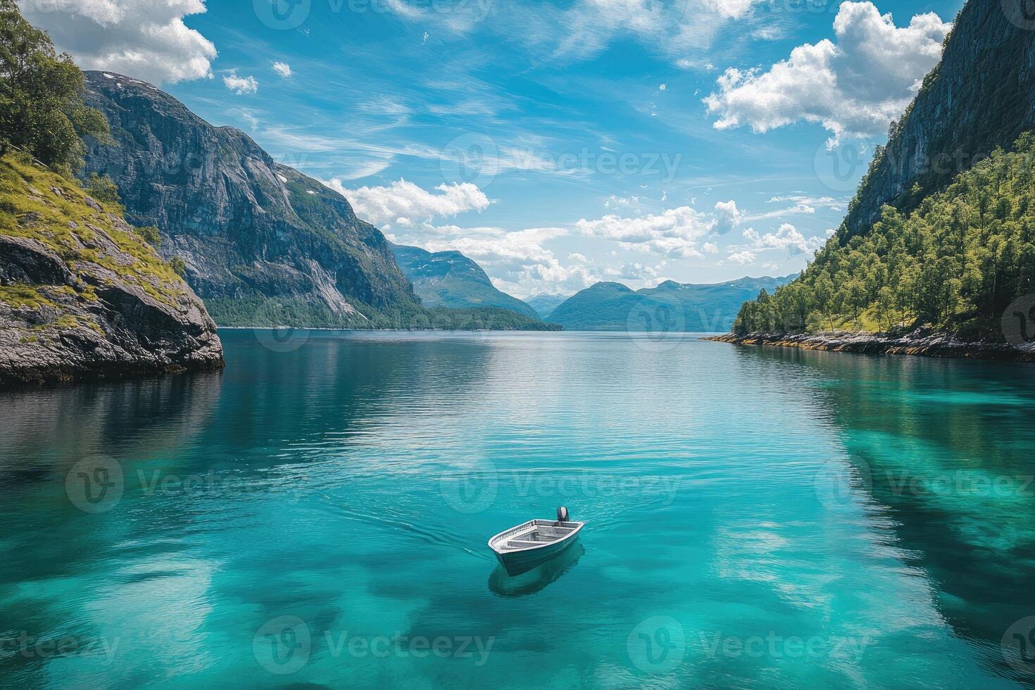 Serene Fjord Landscape Featuring A Small Boat photo