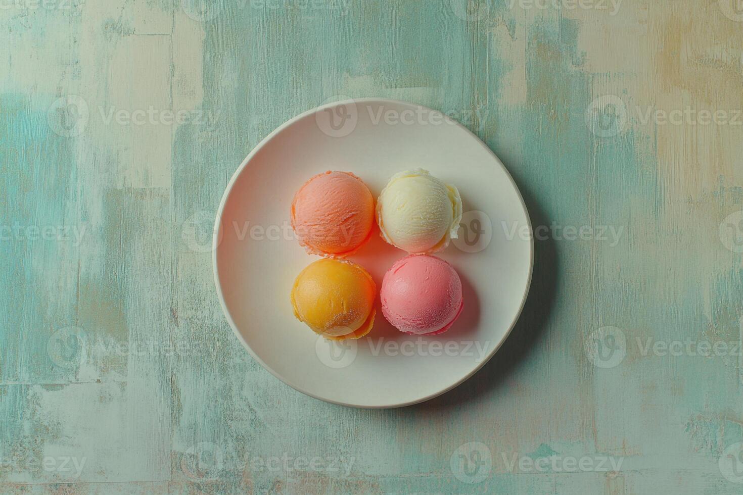 Four Colorful Scoops Of Ice Cream On A Plate photo