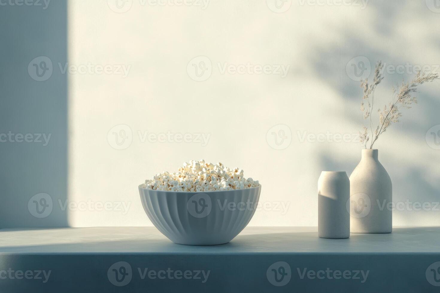 A bowl of popcorn sits on a shelf with vases photo