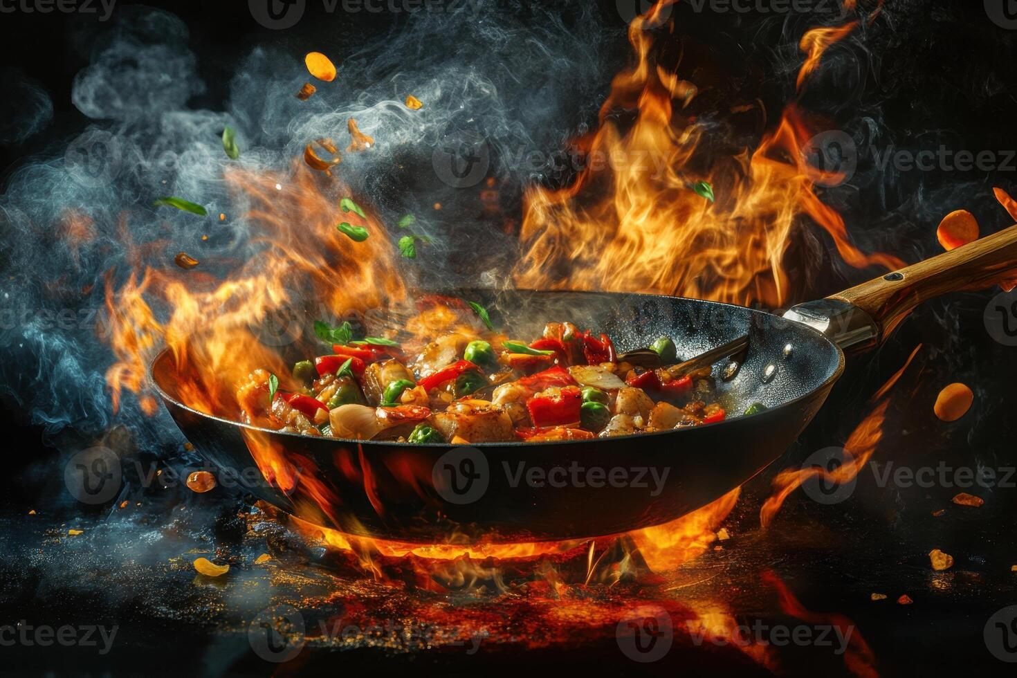 Flaming Wok Stir Fry Vegetable Dish Preparation photo