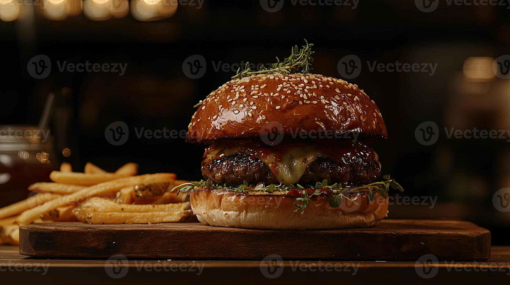 hamburger with fries on a wooden board against a dark background, with space for text and elements of garlic photo