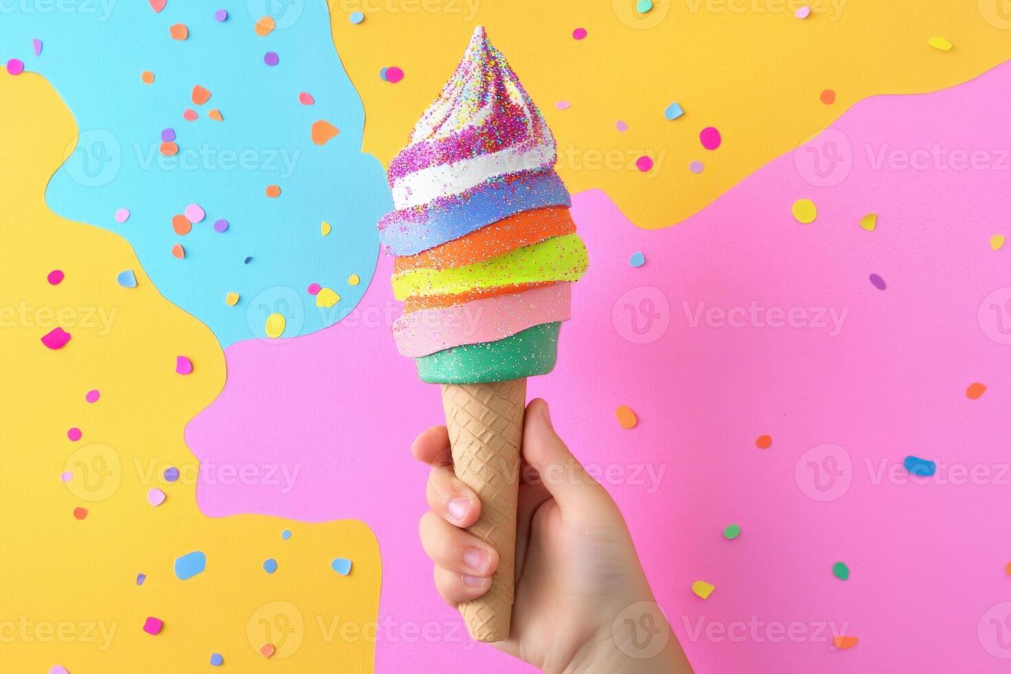 Rainbow Ice Cream Cone Held In A Hand photo
