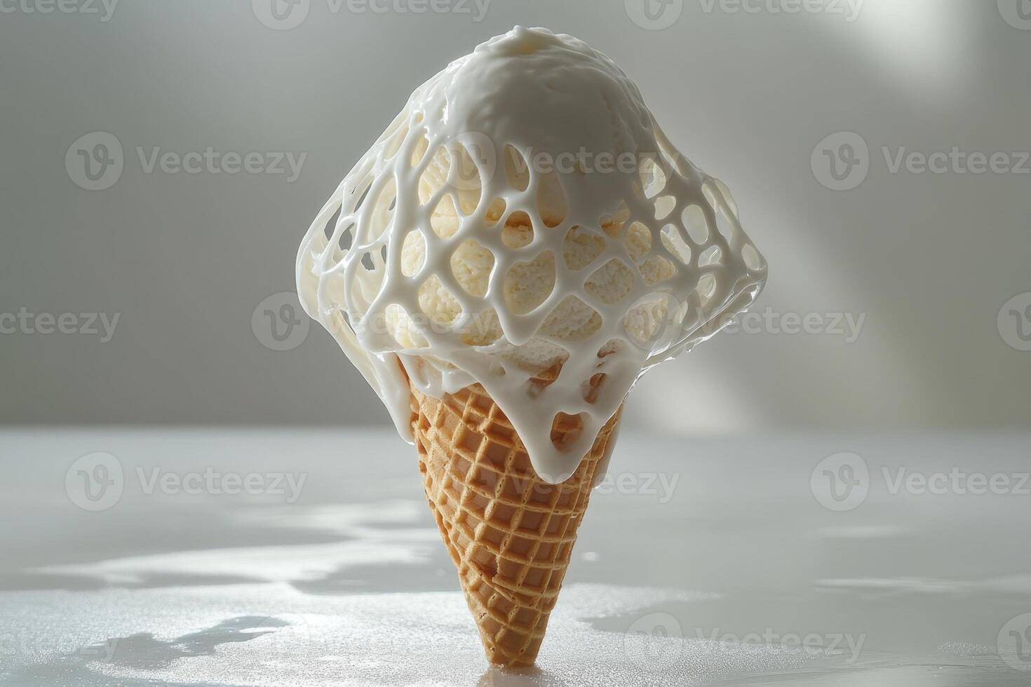 Ice cream cone encased in a white sugary lattice photo