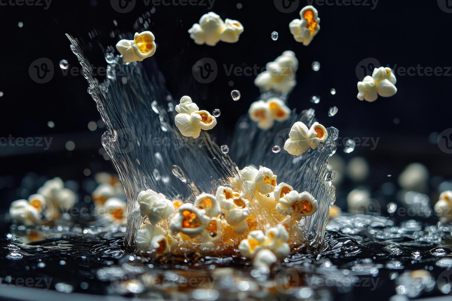 Popcorn Kernels Splashing Into Liquid Delight photo