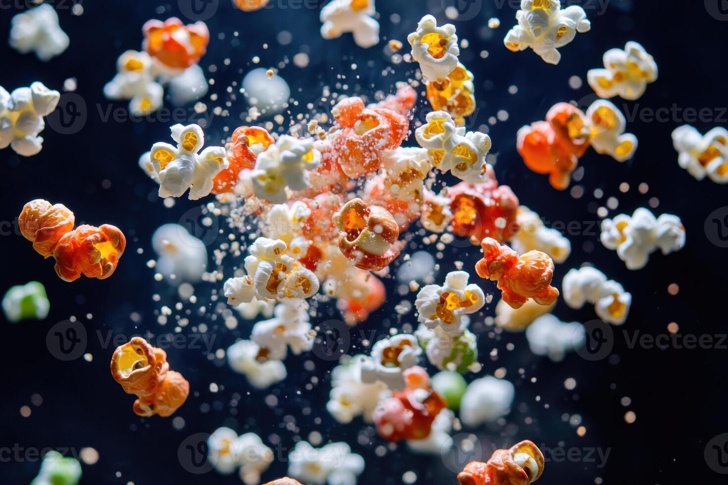 Colorful popcorn kernels explode in midair against a dark background photo