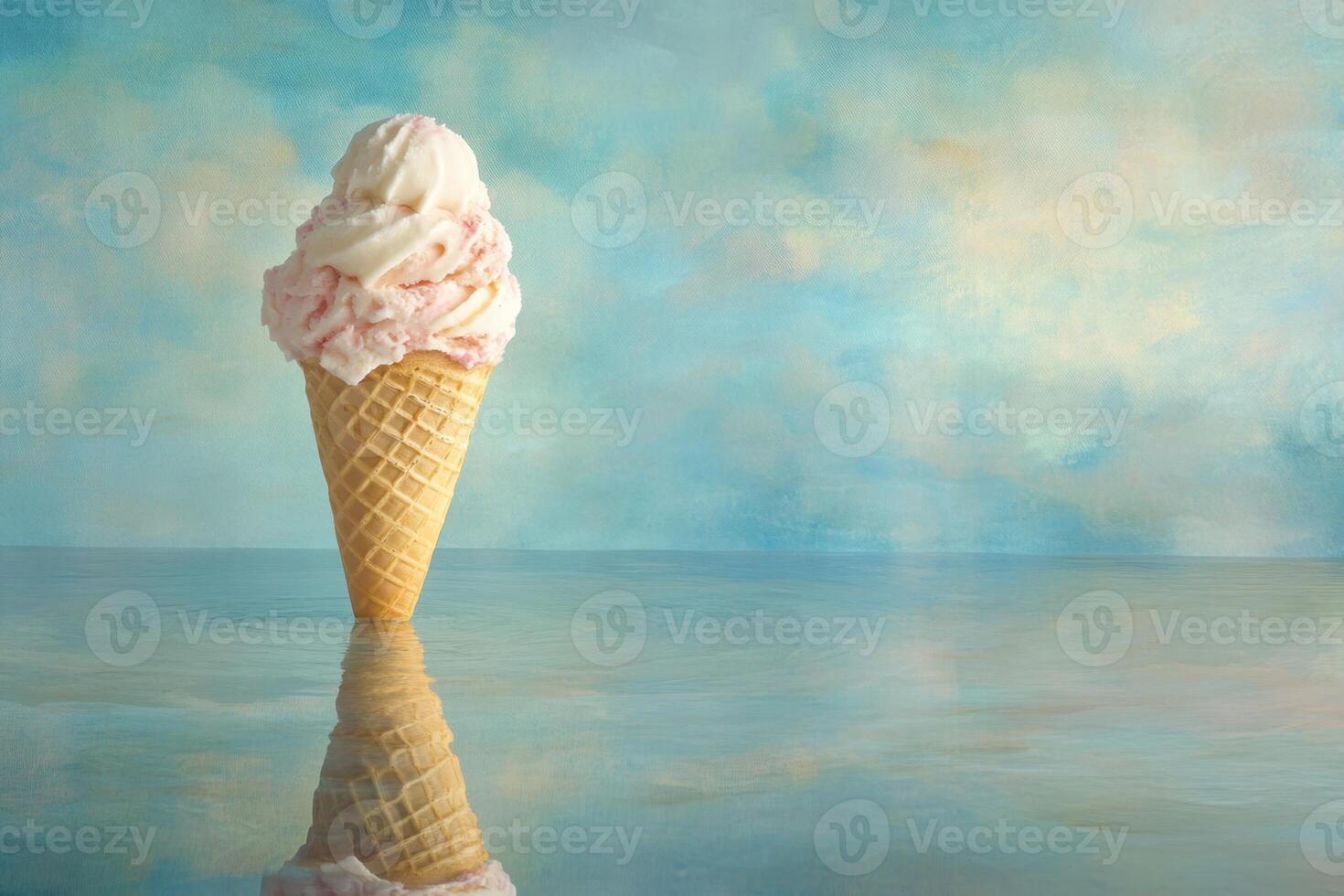 Strawberry and Vanilla Ice Cream Cone Reflected in Water photo