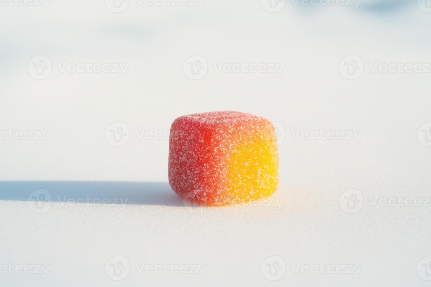 A Single Sugary Gummy Cube Rests On White Snow photo