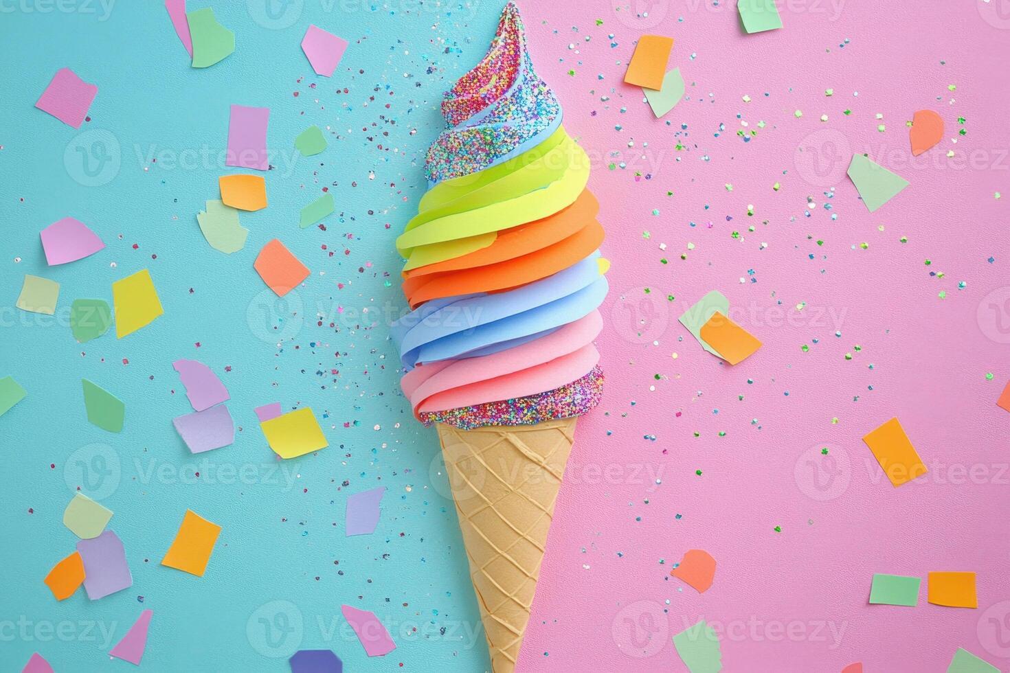 Rainbow Ice Cream Cone With Colorful Confetti photo