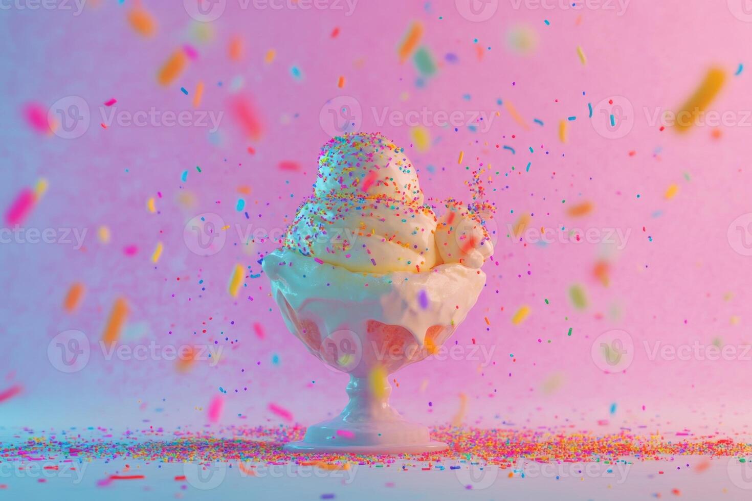 Sweet Treat Ice Cream Sundae Exploding With Sprinkles photo