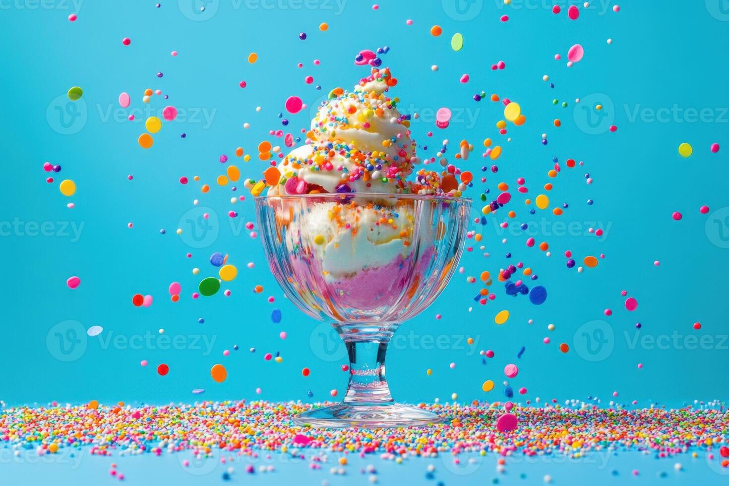 Colorful Ice Cream Sundae with Sprinkles Exploding photo