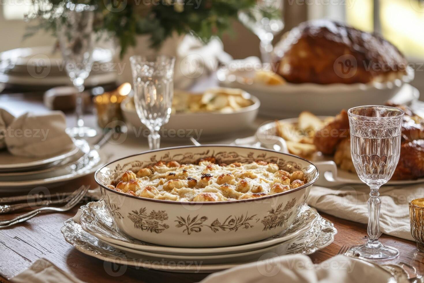 Delicious Creamy Baked Dish At Thanksgiving Dinner Table photo