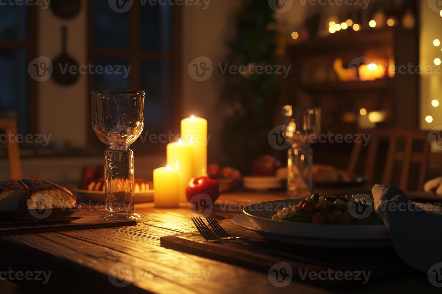 Romantic Dinner Table Setting With Candles and Food photo