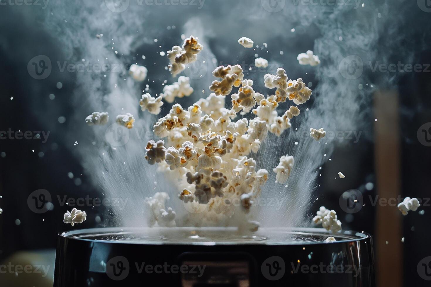 Popcorn exploding from a maker creating a steamy cloud photo