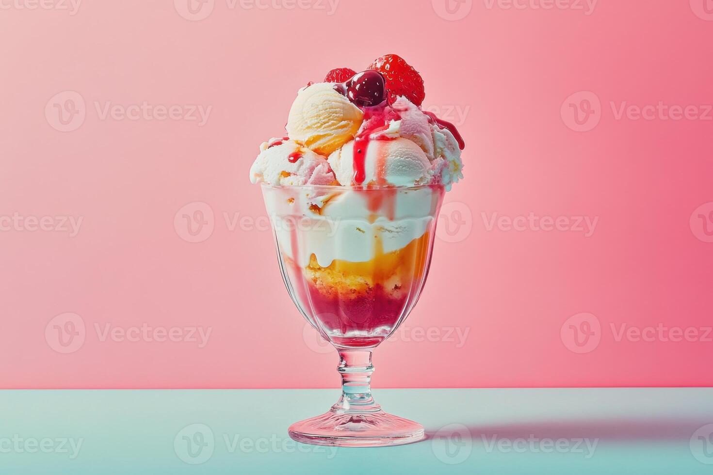 Delicious Ice Cream Sundae with Berries and Sauce photo