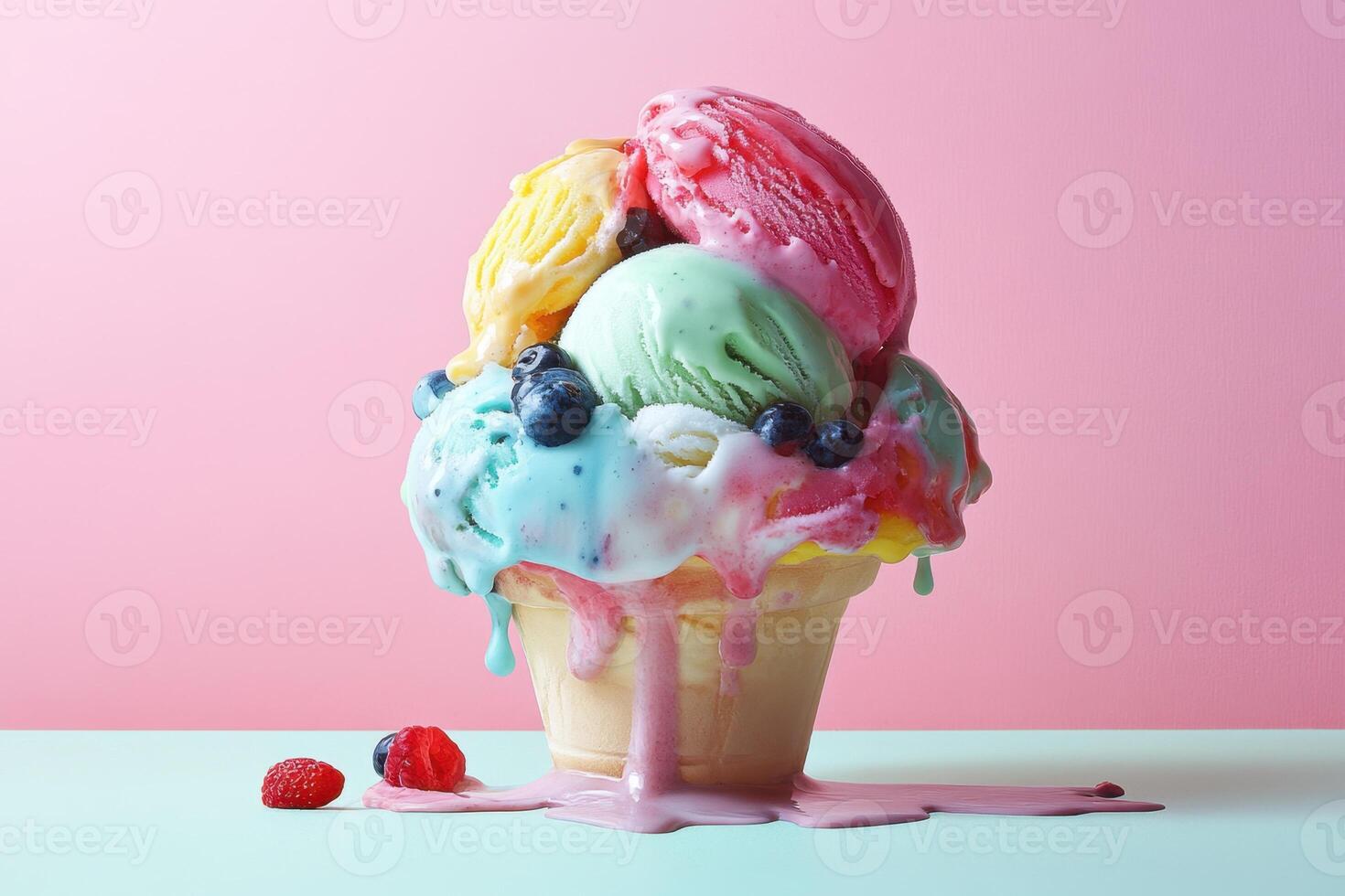 Melted Multicolored Ice Cream Cone With Berries photo