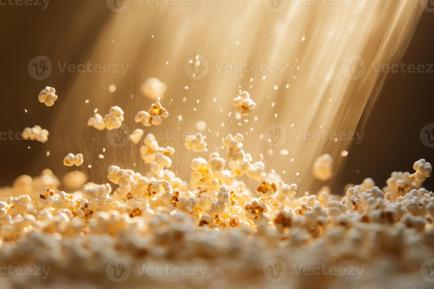 Golden Light Illuminates Falling Popcorn Kernels photo