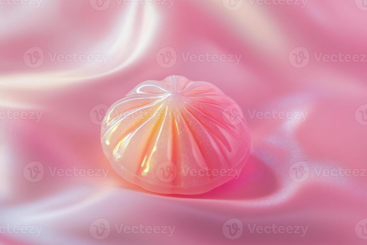 Pink iridescent soap rests on a satin fabric background photo