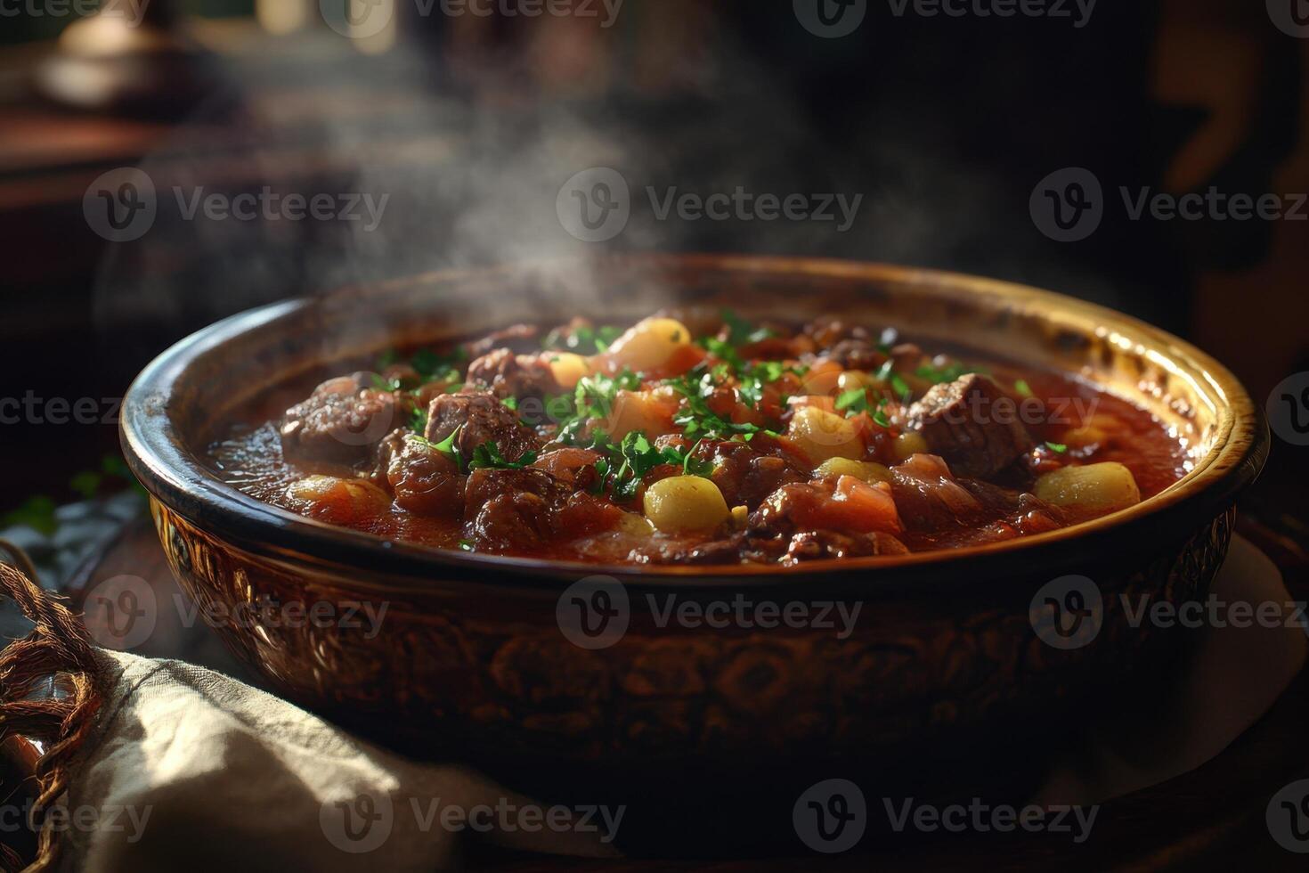 Steaming Bowl of Hearty Beef Stew with Potatoes photo