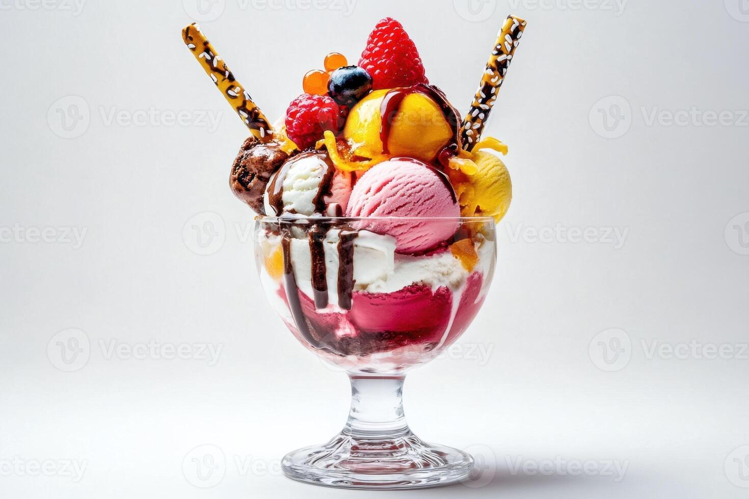 Delicious Multiflavored Ice Cream Sundae with Berries photo