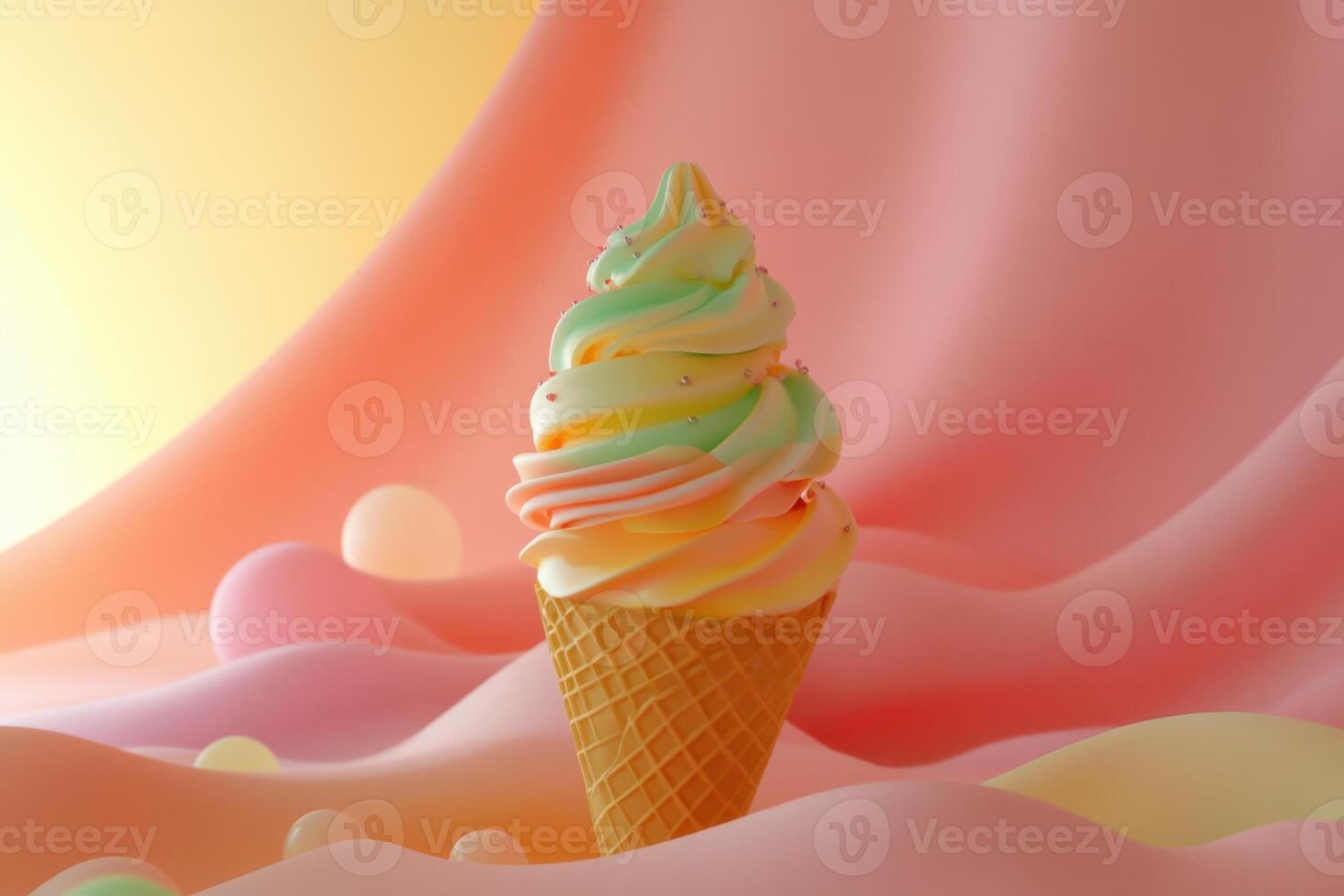 Pastel Swirl Ice Cream Cone On Soft Background photo