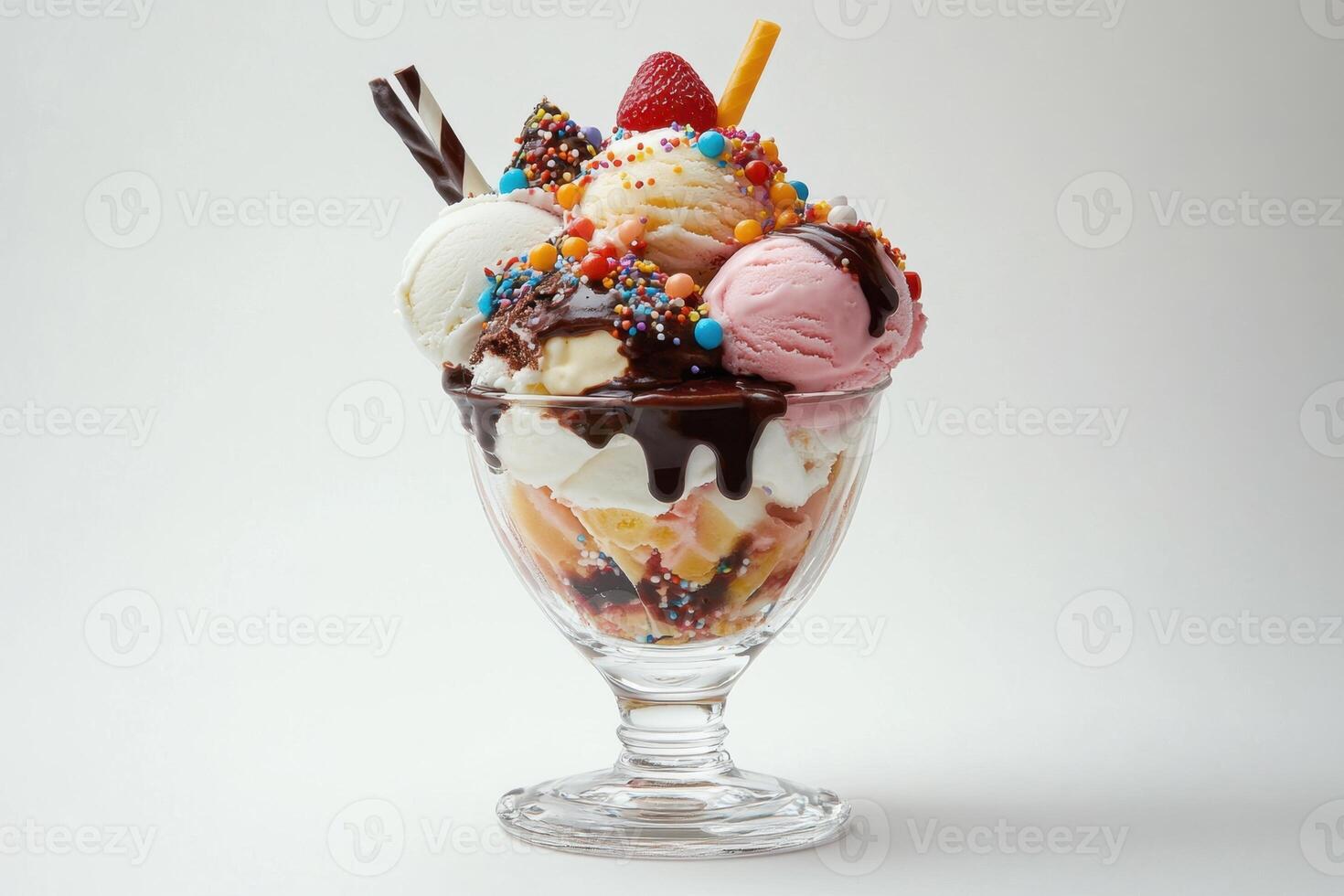 Delicious Ice Cream Sundae with Colorful Sprinkles and Toppings photo