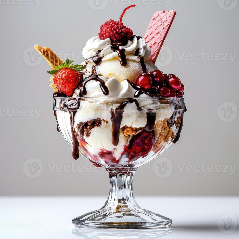 Delicious Ice Cream Sundae with Berries and Waffles photo