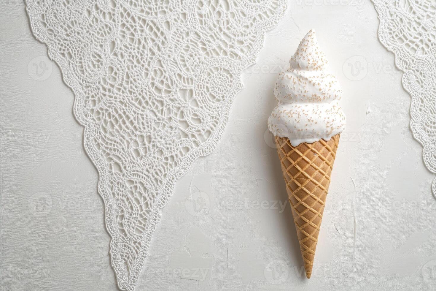White Ice Cream Cone On White Lace Doily photo