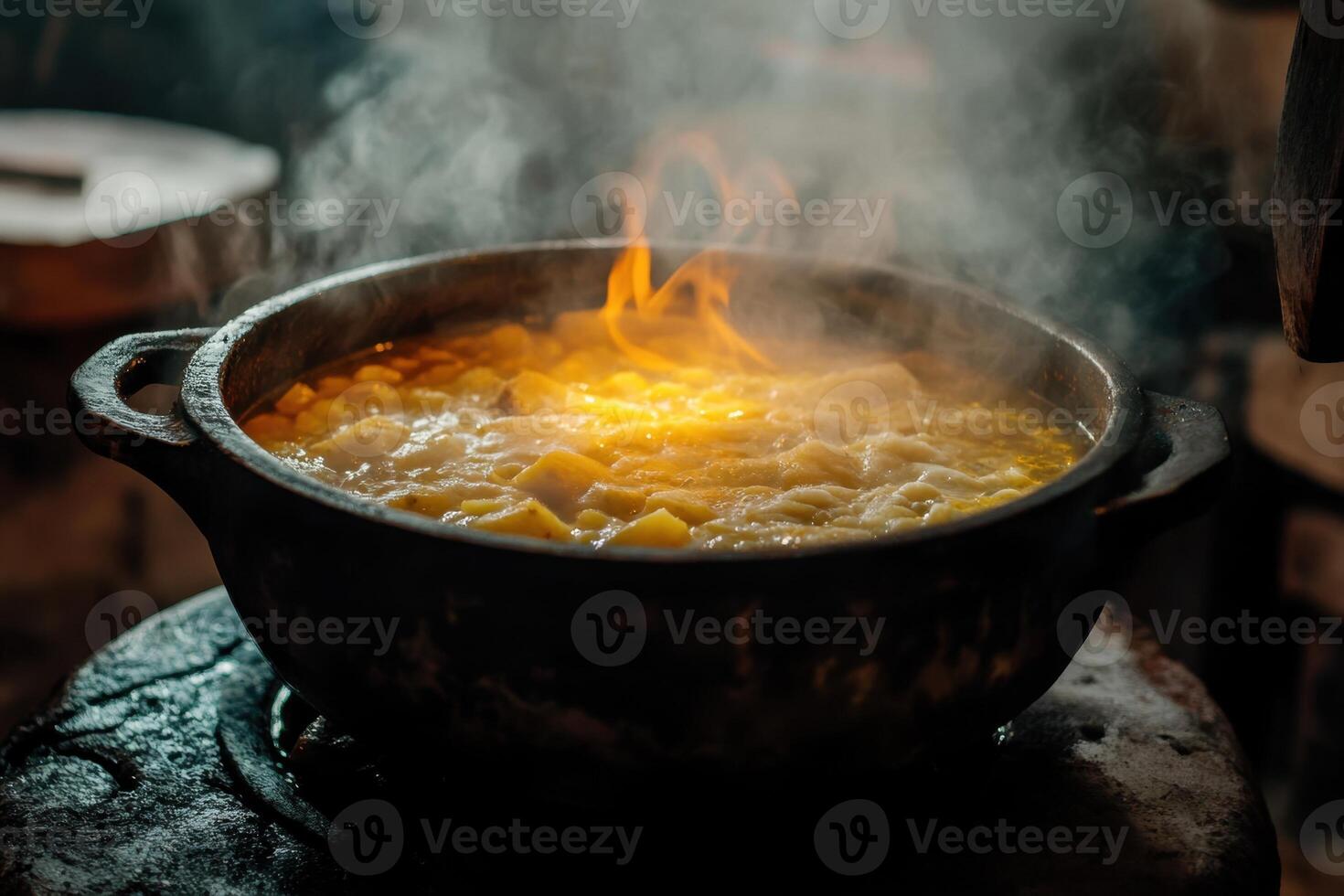 Steaming Potatoes Simmering In Rustic Pot Over Fire photo