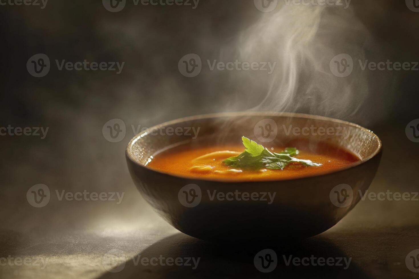 Steaming Bowl of Tomato Soup Garnished with Parsley photo