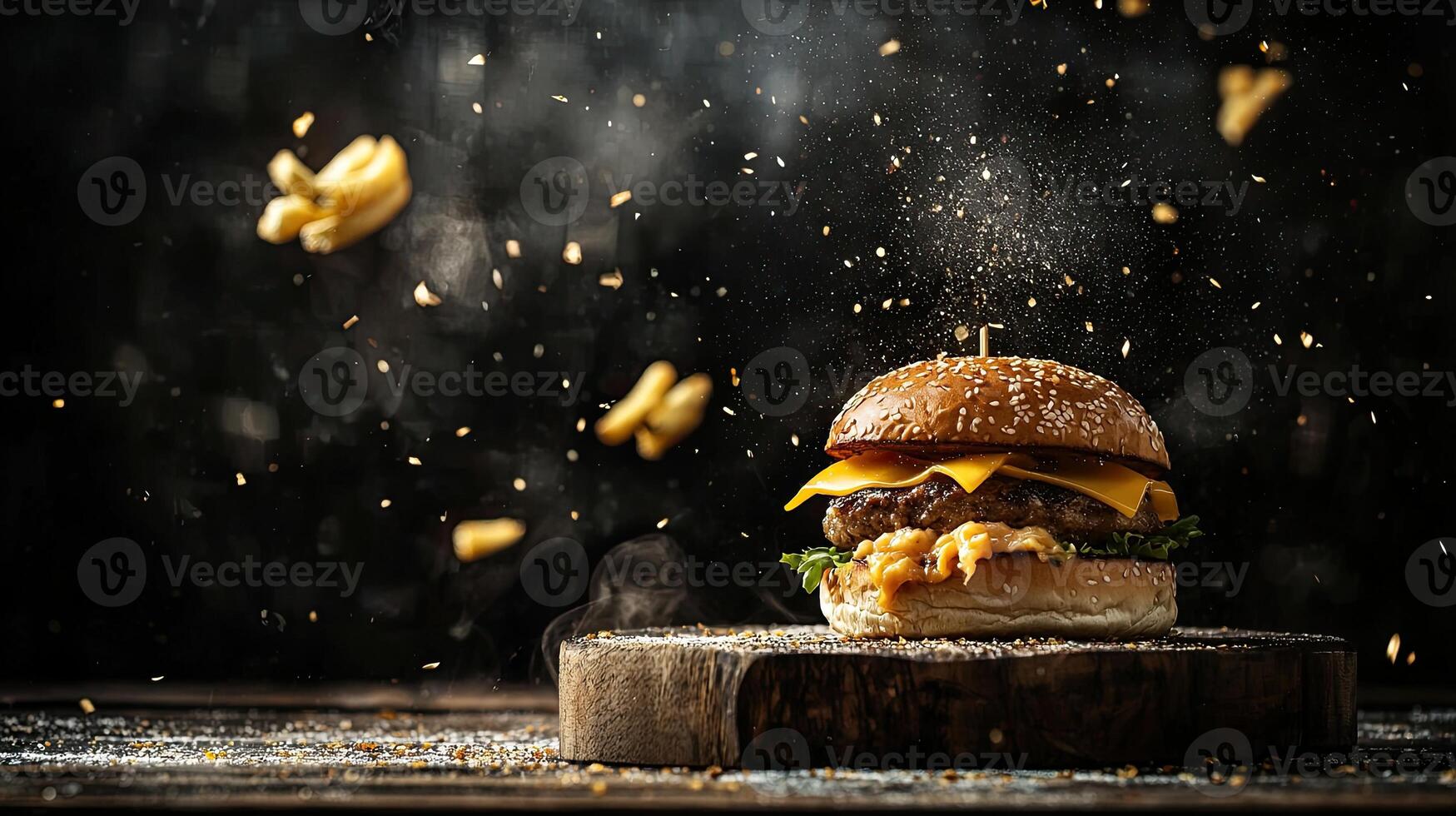 A hamburger with cheese and fries on a wooden board, against a dark background with space for text photo