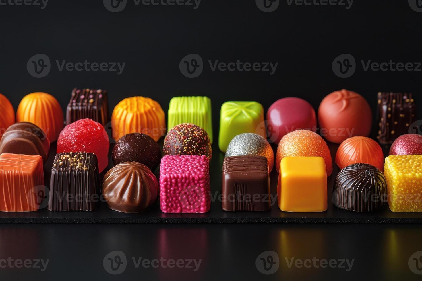 Assorted Colorful Chocolates Arranged On A Black Surface photo