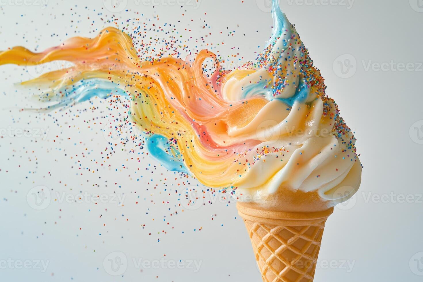 Rainbow Ice Cream Cone With Sprinkles Exploding photo