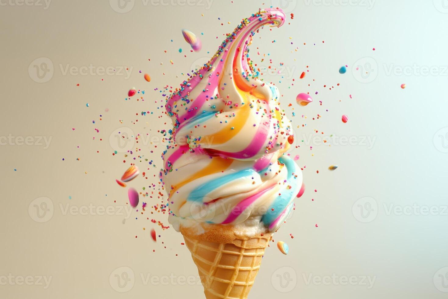 Rainbow Ice Cream Cone Exploding With Sprinkles photo