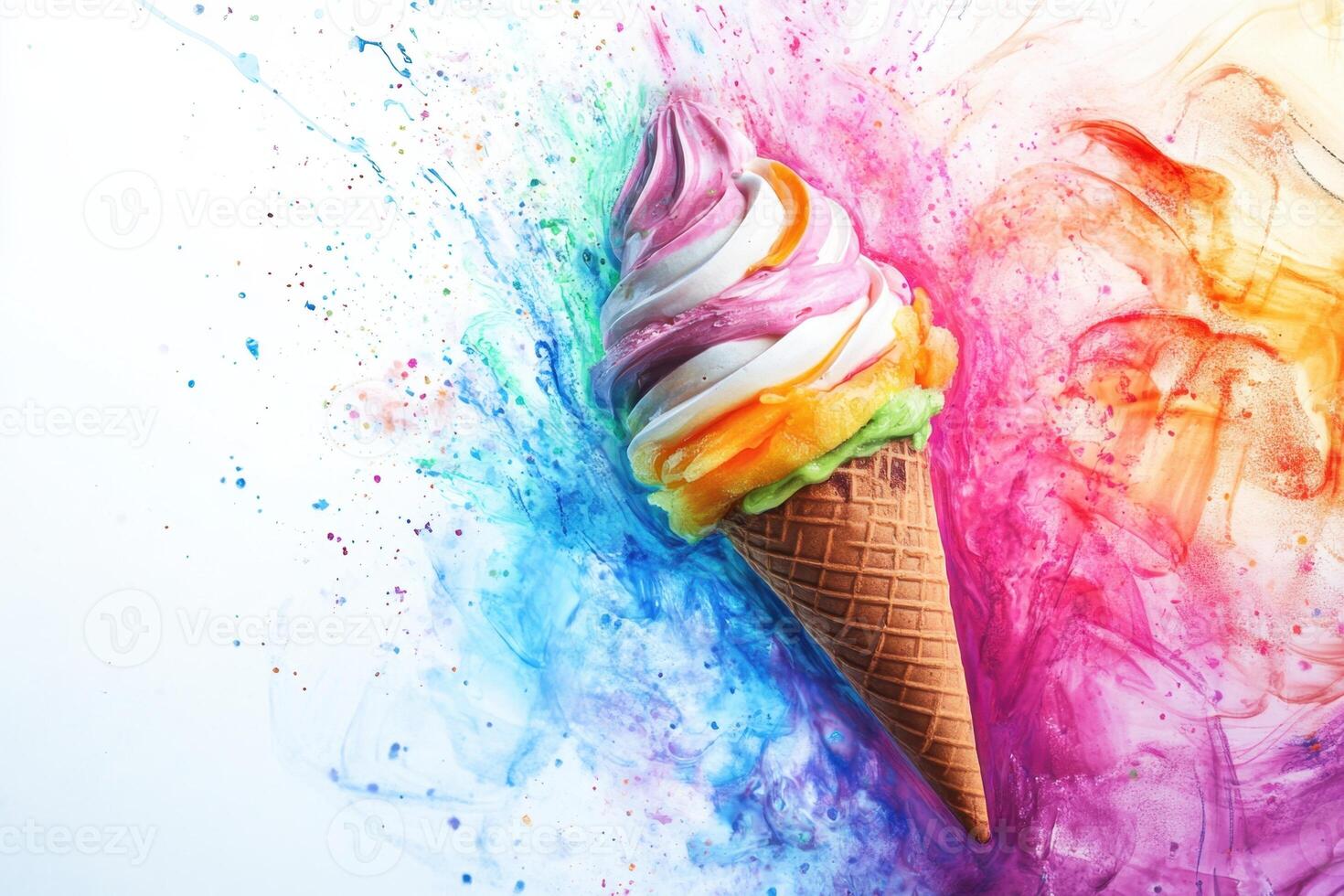 Rainbow Swirl Ice Cream Cone Exploding Color photo