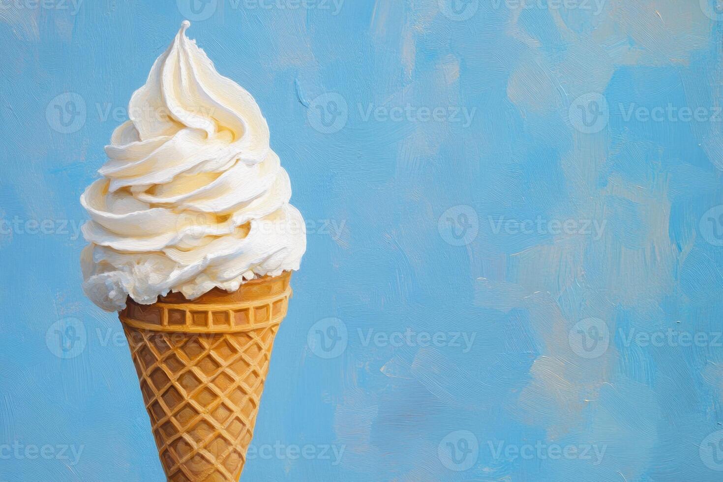Creamy Vanilla Ice Cream Cone Against Blue Background photo