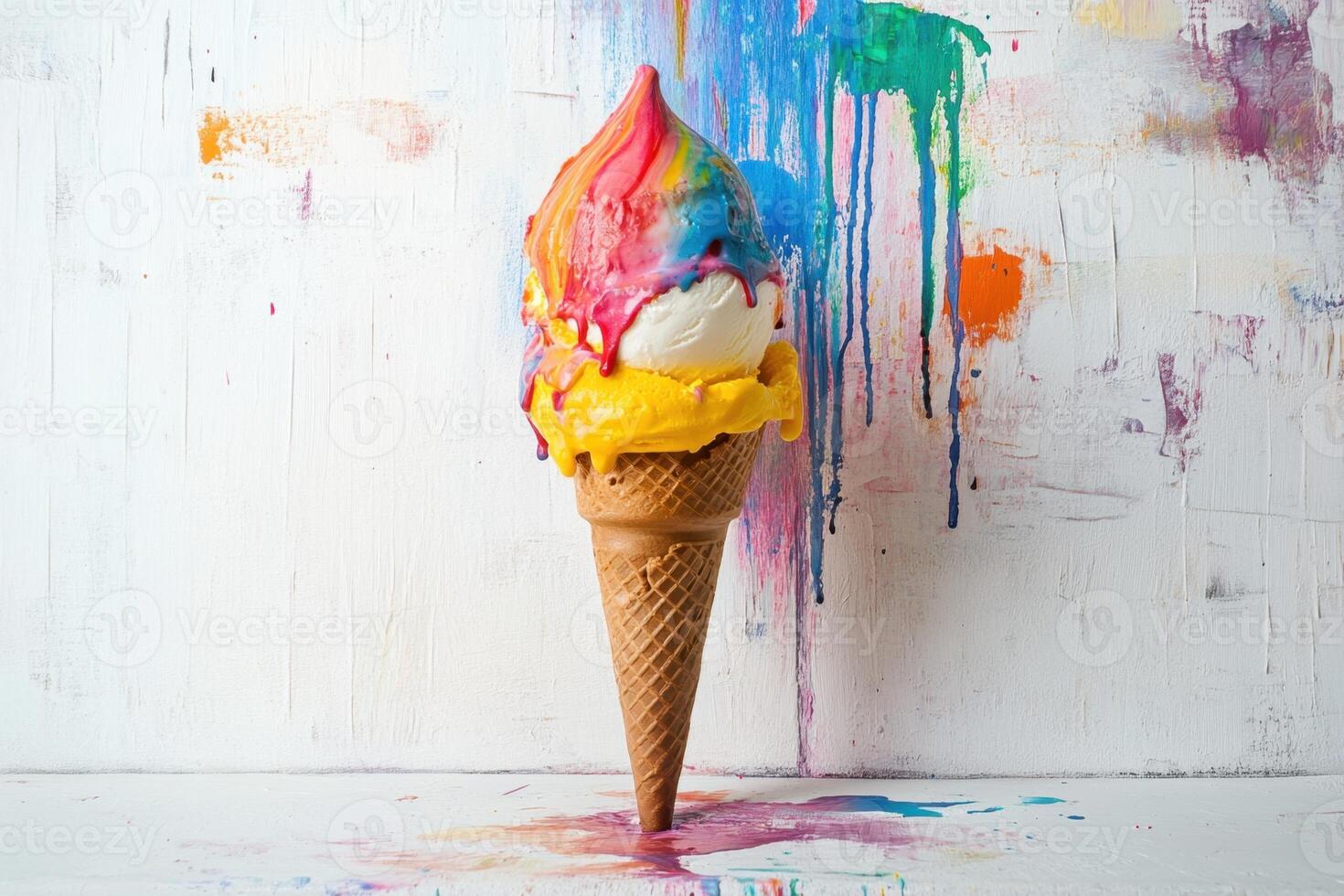 Rainbow Ice Cream Cone Melting Against Colorful Background photo