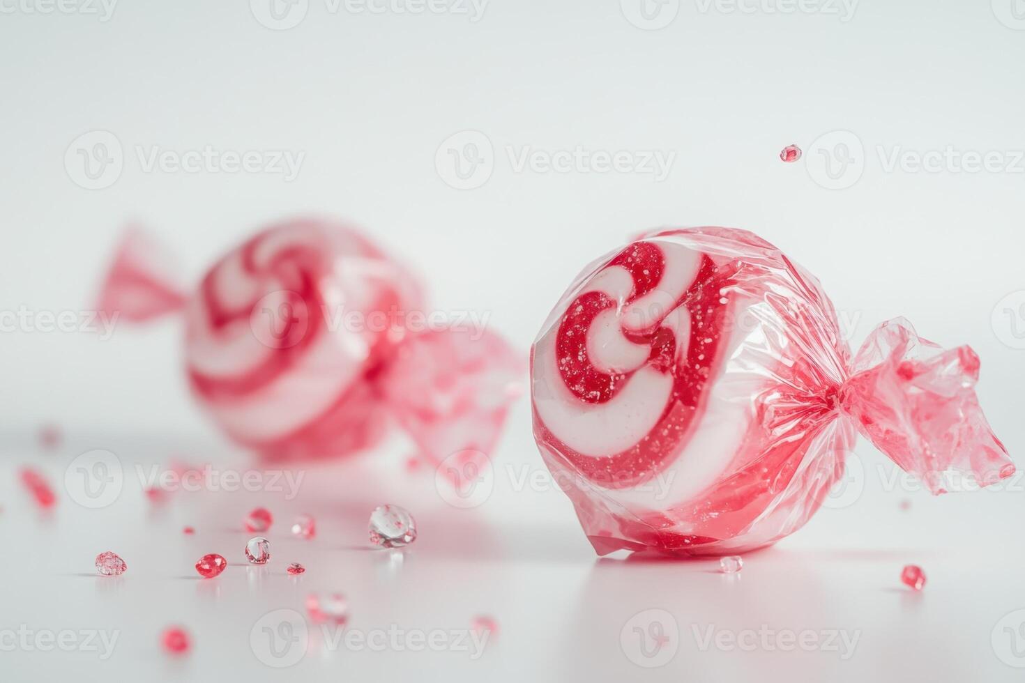 Two Wrapped Swirled Pink Candies Rest on White Surface photo