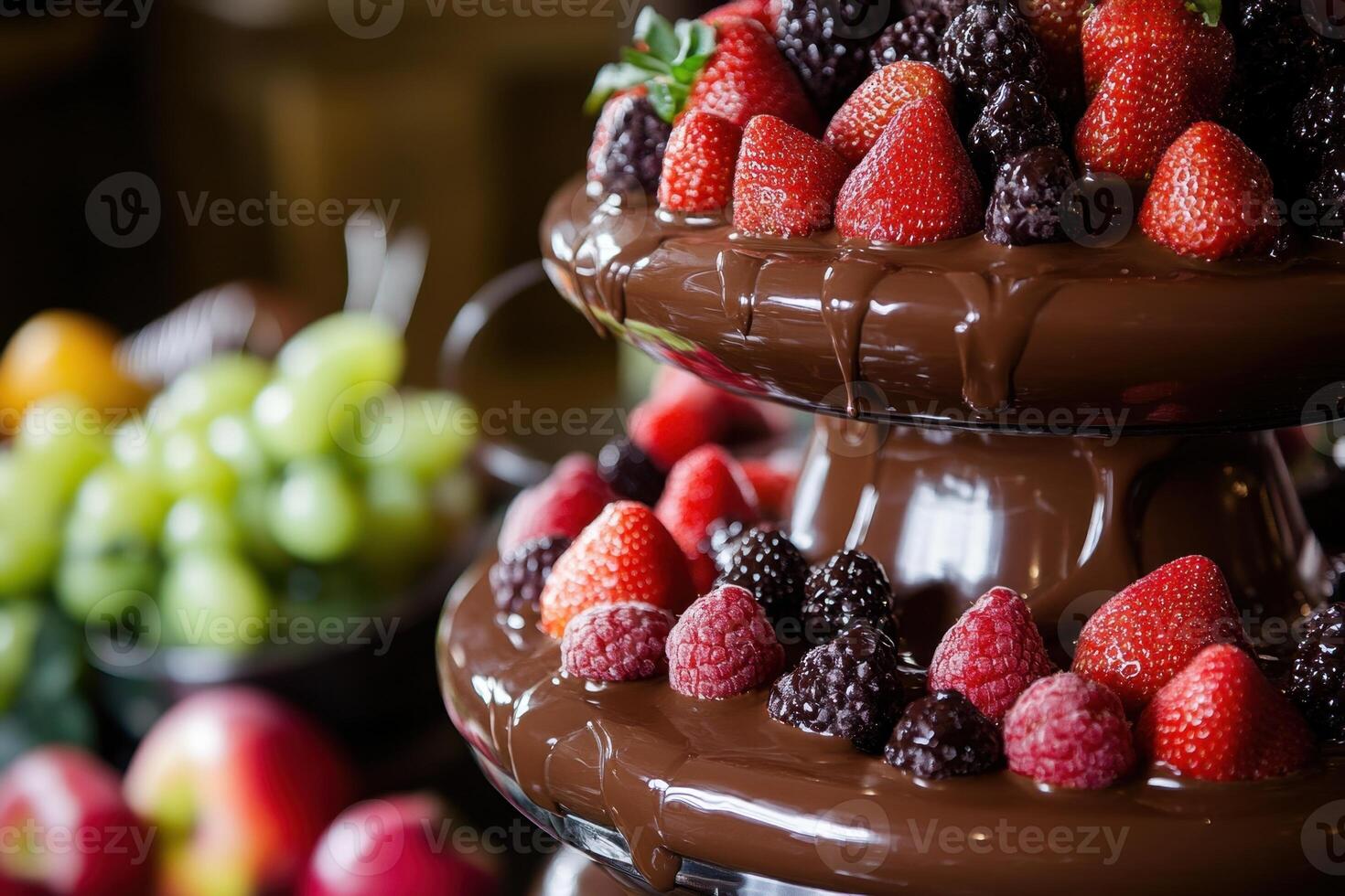 Delicious Chocolate Fountain With Assorted Berries And Strawberries photo