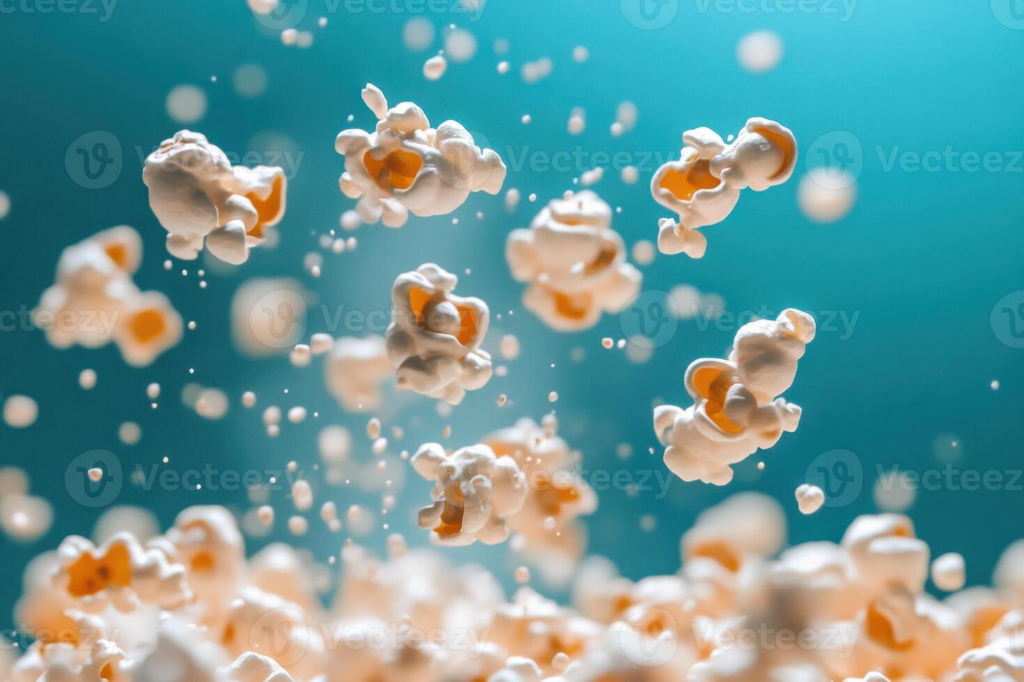 Airy Popcorn Pieces Floating Against Teal Background photo