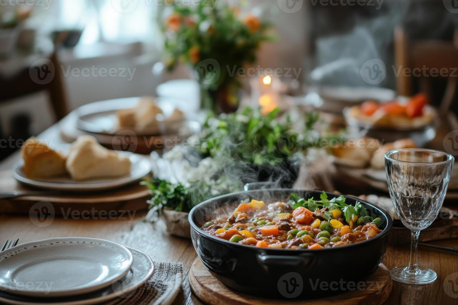 Steaming Vegetable Stew Served on a Rustic Table photo