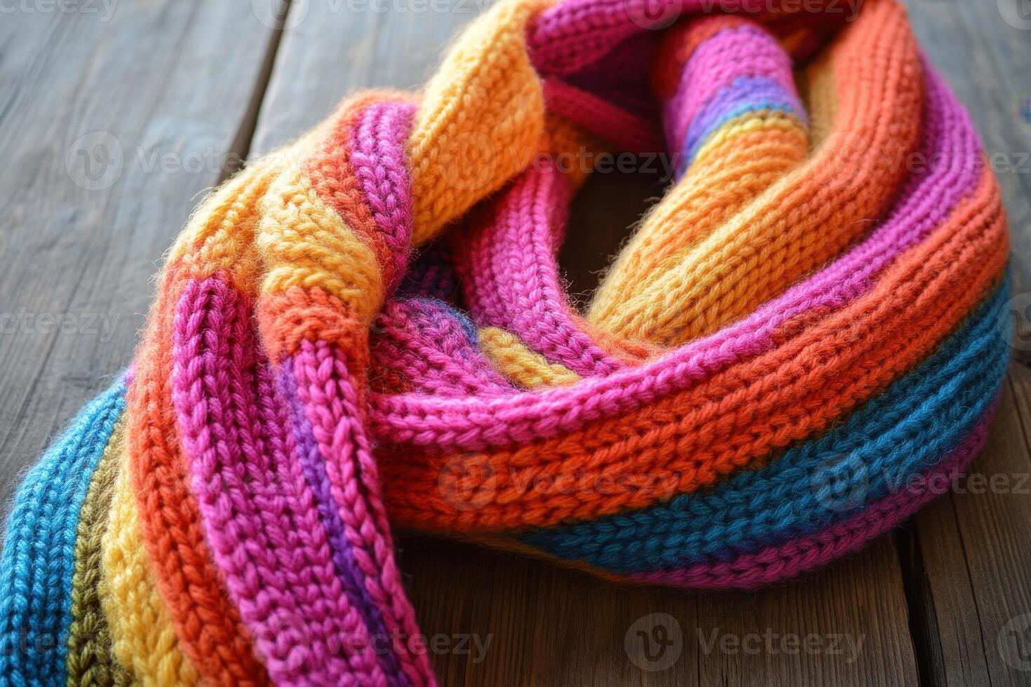 Colorful Knitted Scarf Resting on Wooden Surface photo
