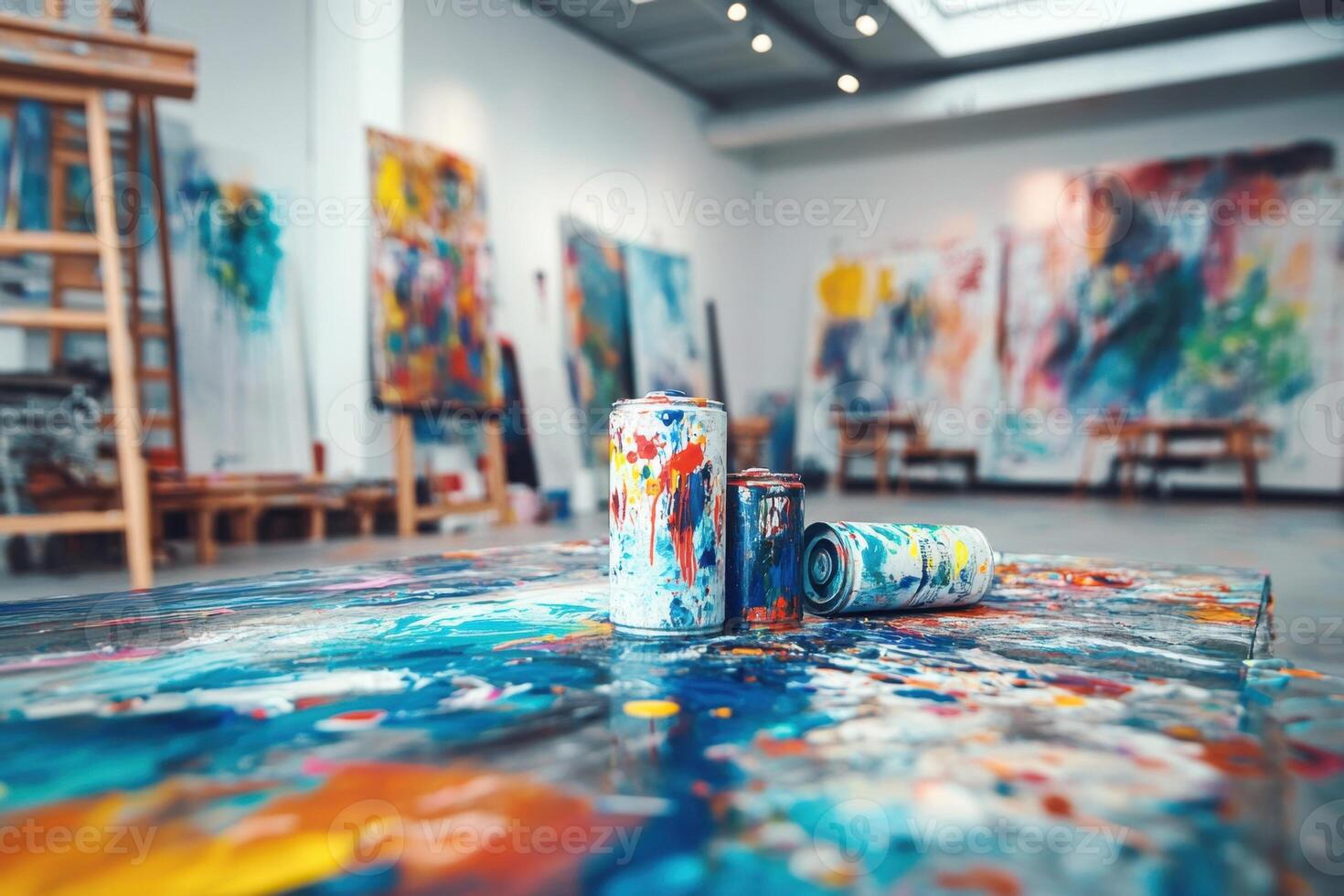 Colorful Paint Cans Amidst Abstract Artworks In A Studio photo