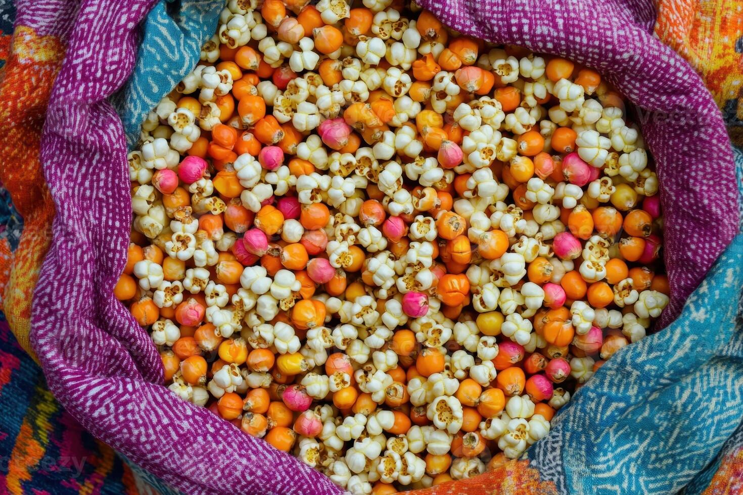 Colorful popcorn kernels in a vibrant textile bag photo