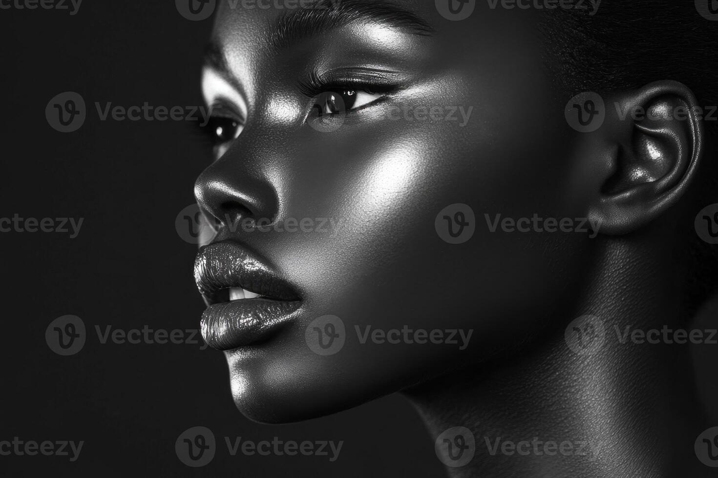 Black and white portrait of a woman with dramatic makeup photo