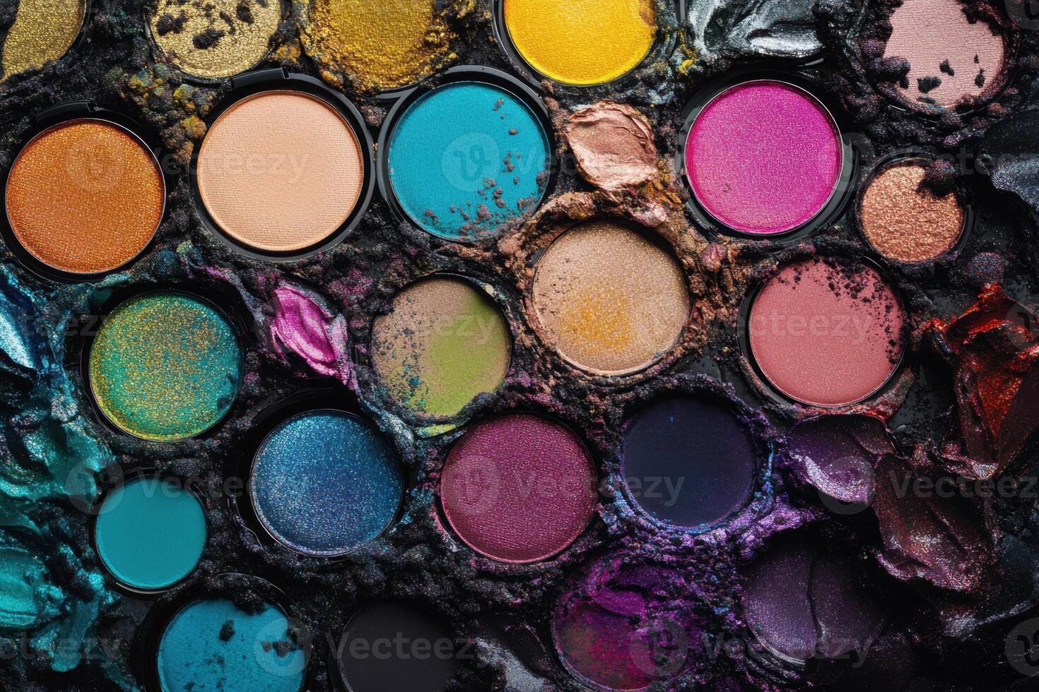 A well used eyeshadow palette displays vibrant colors photo
